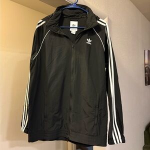 Adidas Men's Black Windbreaker with White Stripes
